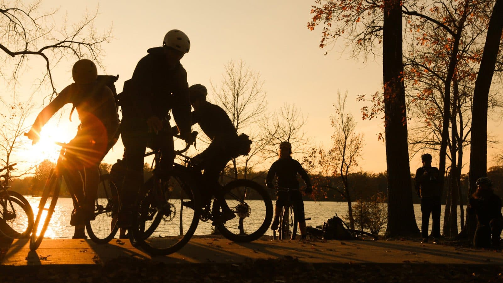 夕暮れの湖畔を自転車で走る人たちのシルエット