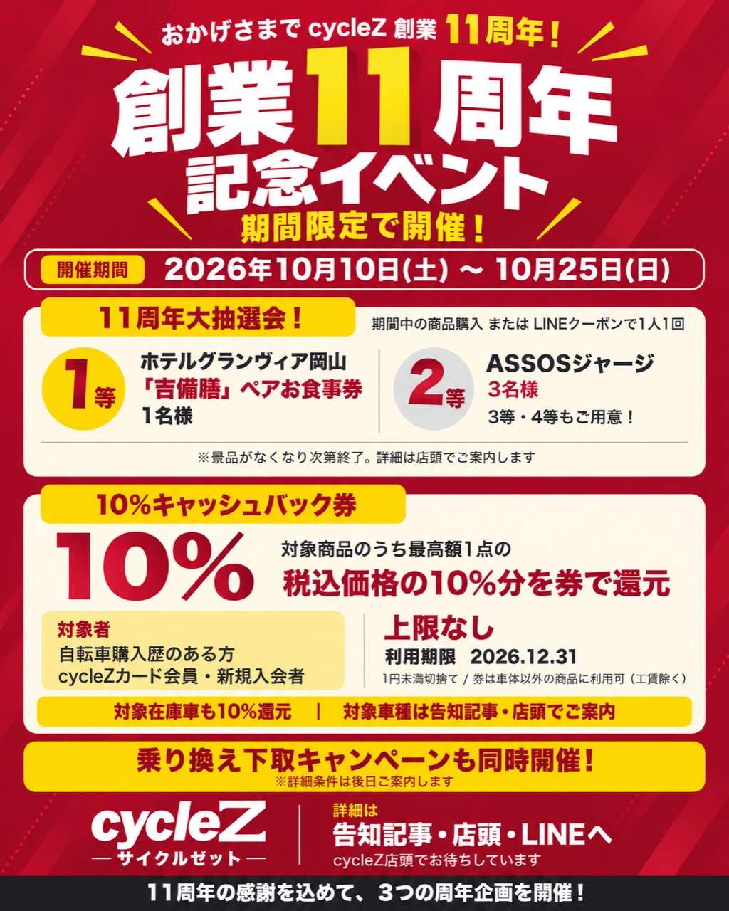【10/10〜25】cycleZ 11周年イベント｜10%キャッシュバッククーポン・抽選会・乗り換え下取